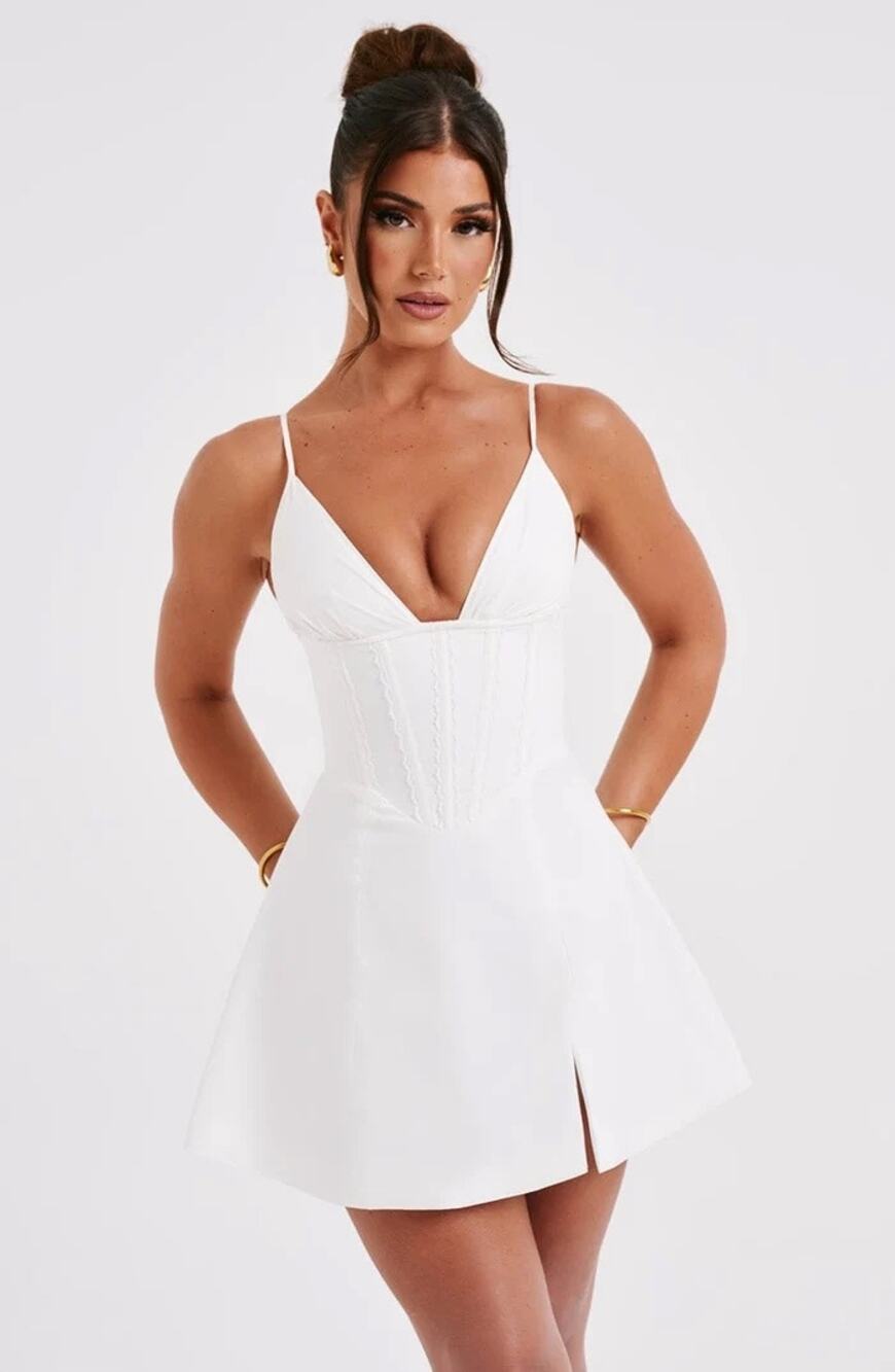 NWT Babyboo Sela Ivory Lace Up Corset Fit & Flare Mini Dress Womens Size S Small